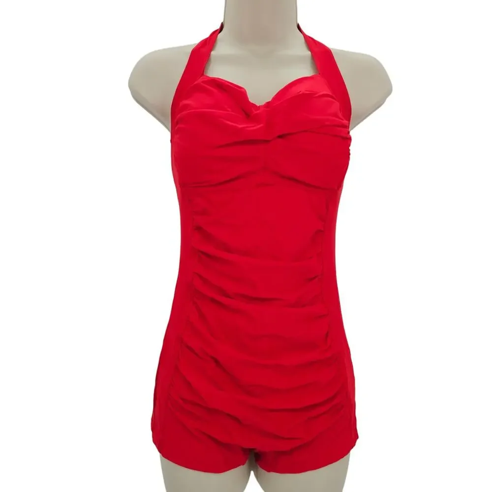 Tempt Me Womans size L Retro Halter Boyleg Ruched One Piece Swimsuit Red NWOT